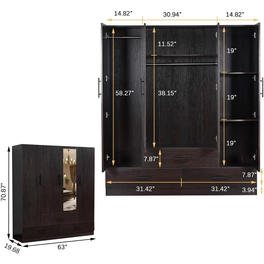 71" H Armoire Wardrobe, 3-Drawer & Shelved Bedroom Armoire with 4 Doors, Mirror & Hanging Rod.