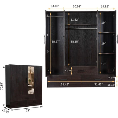 71" H Armoire Wardrobe, 3-Drawer & Shelved Bedroom Armoire with 4 Doors, Mirror & Hanging Rod.