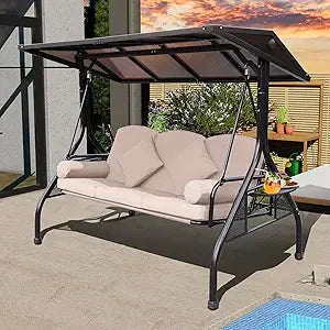 Outdoor Porch Swing with Polycarbonate Hardtop, 3 Seat Patio Swing with Convertible Backrest, 2 Side Cup Holder, Thickened Cush