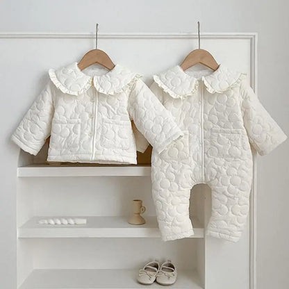 Winter New Baby Girl Warm Coat Cotton Infant Large Lapel Floral Padded Jacket Plus Velvet Thick Kids Cardigan