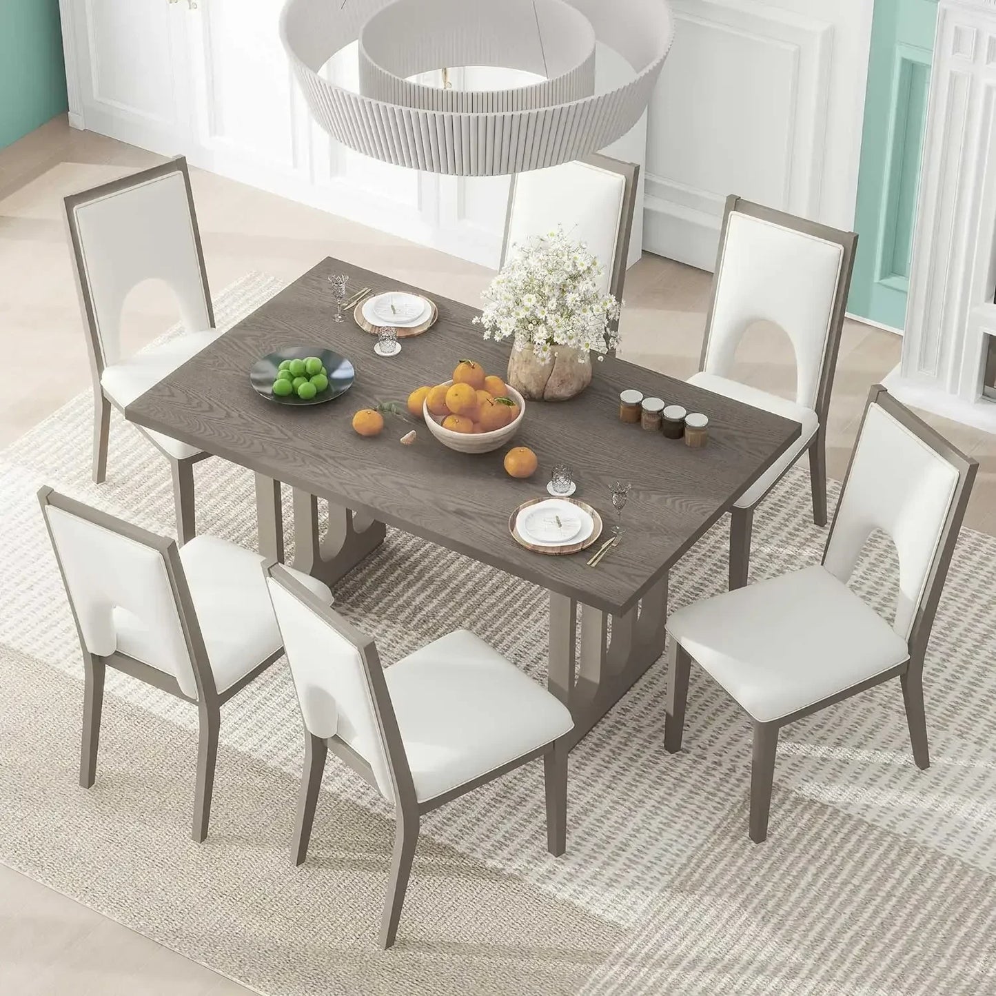 7-Piece Kitchen Dining Table Set for 6, Wood Kitchen Table and 6 Upholstered Chairs with Backrest
