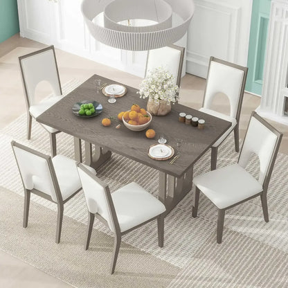 7-Piece Kitchen Dining Table Set for 6, Wood Kitchen Table and 6 Upholstered Chairs with Backrest