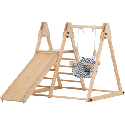 4-in-1 Indoor Play Gym - Jungle Gym Playset with Baby Swing, Ladder,  Climbing Wall - Foldable Wooden Playset