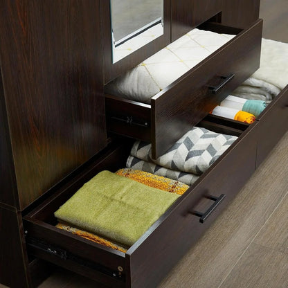 71" H Armoire Wardrobe, 3-Drawer & Shelved Bedroom Armoire with 4 Doors, Mirror & Hanging Rod.