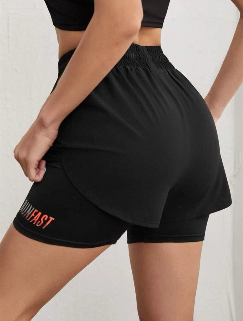 Mermaid Curve Breathable Letter Graphic 2 In 1 Sport Shorts Women Quick Dry Running Shorts Drawstring Waistband Fitness