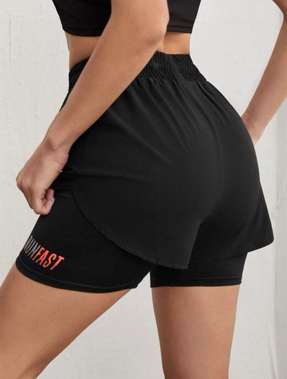 Mermaid Curve Breathable Letter Graphic 2 In 1 Sport Shorts Women Quick Dry Running Shorts Drawstring Waistband Fitness