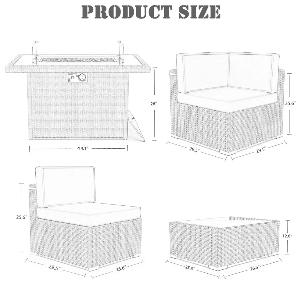 8 Pieces Patio Furniture Set with 44" Propane Gas Fire Pit Table, Outdoor Sectional Wicker Conversation Sofa Sets with Coffee Table