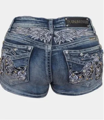 High end pocket embroidered straight leg slim fit denim shorts