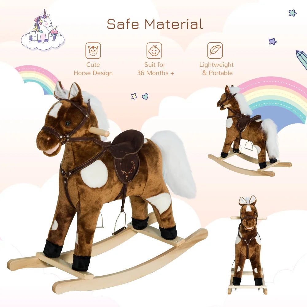 Kids Metal Plush Ride-On Rocking Horse Chair Toy With Nursery Rhyme Music - Dark Brown