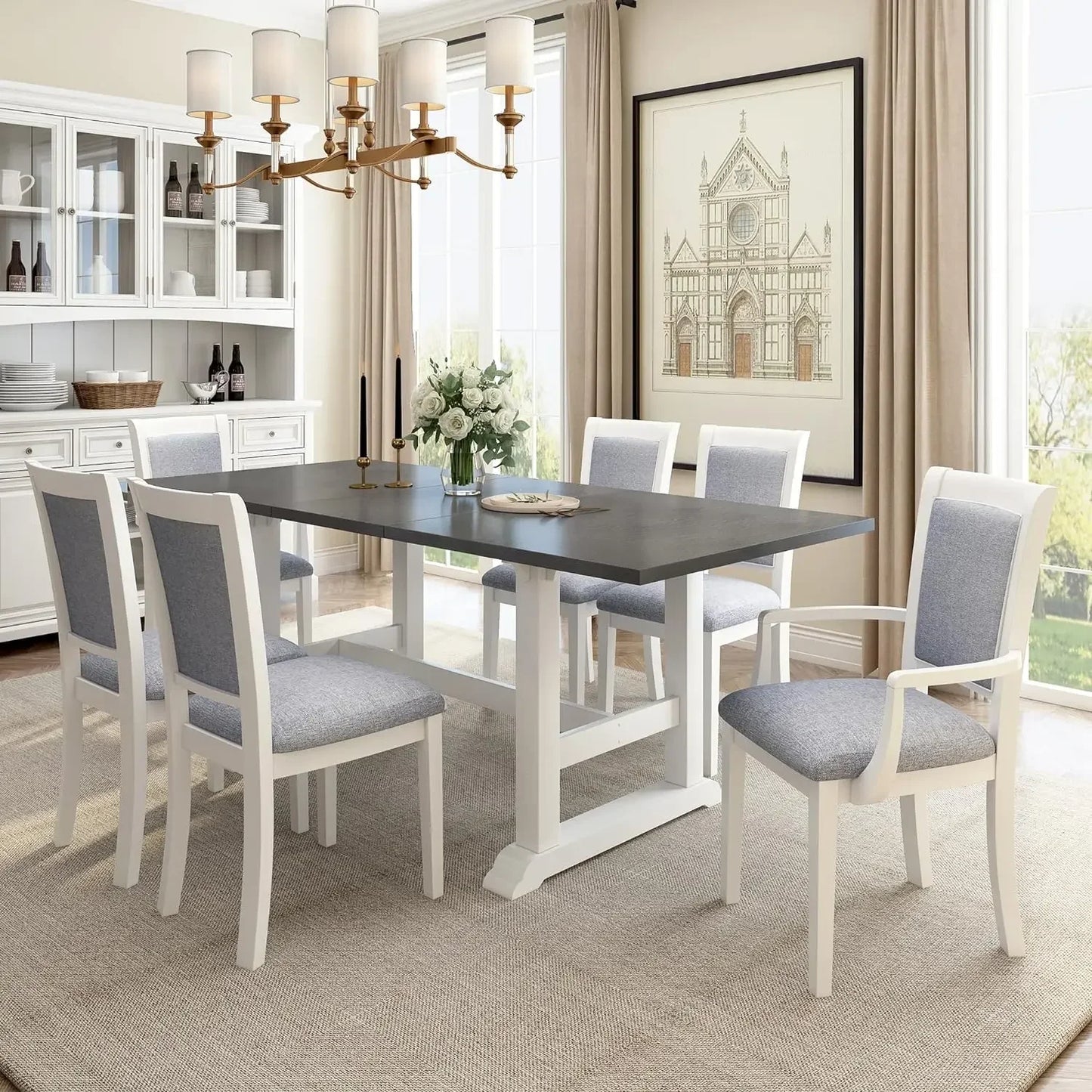 7-Piece Kitchen Dining Table Set for 6, Wood Kitchen Table and 6 Upholstered Chairs with Backrest