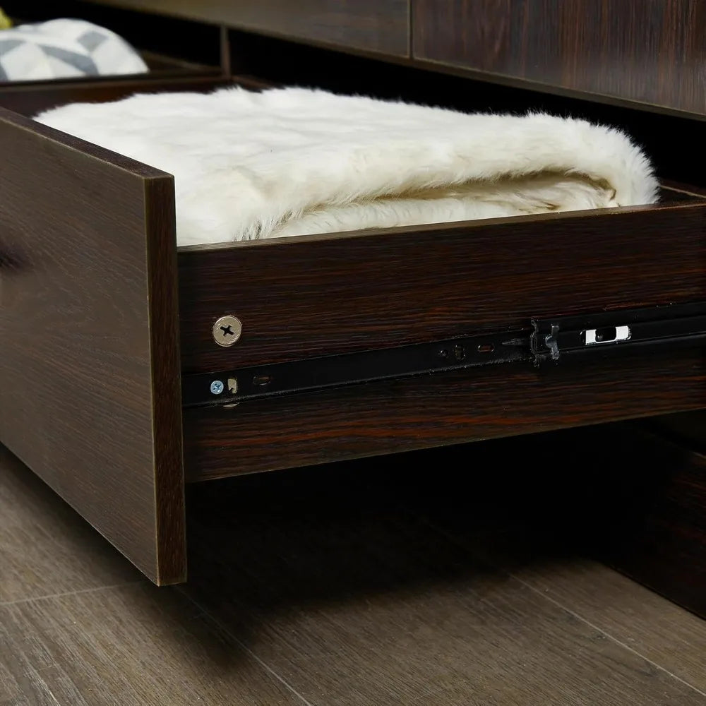 71" H Armoire Wardrobe, 3-Drawer & Shelved Bedroom Armoire with 4 Doors, Mirror & Hanging Rod.