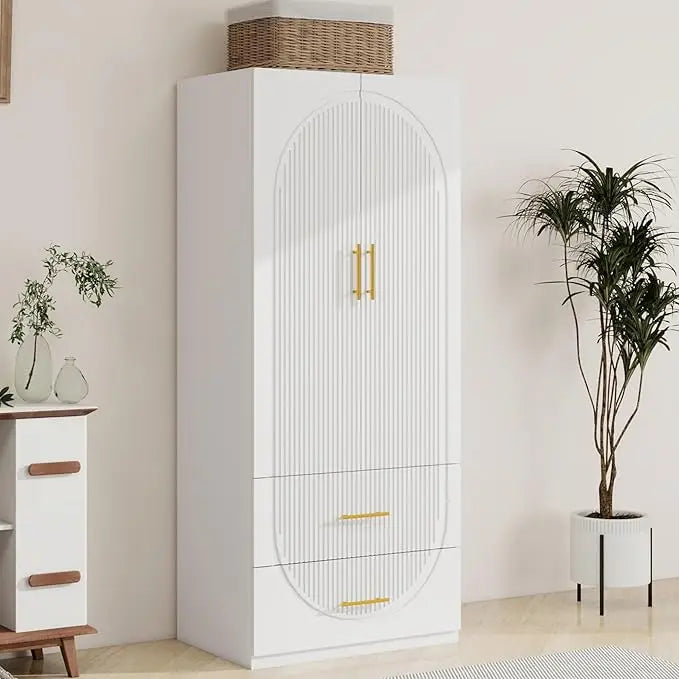 71" H Armoire Wardrobe, 3-Drawer & Shelved Bedroom Armoire with 4 Doors, Mirror & Hanging Rod.