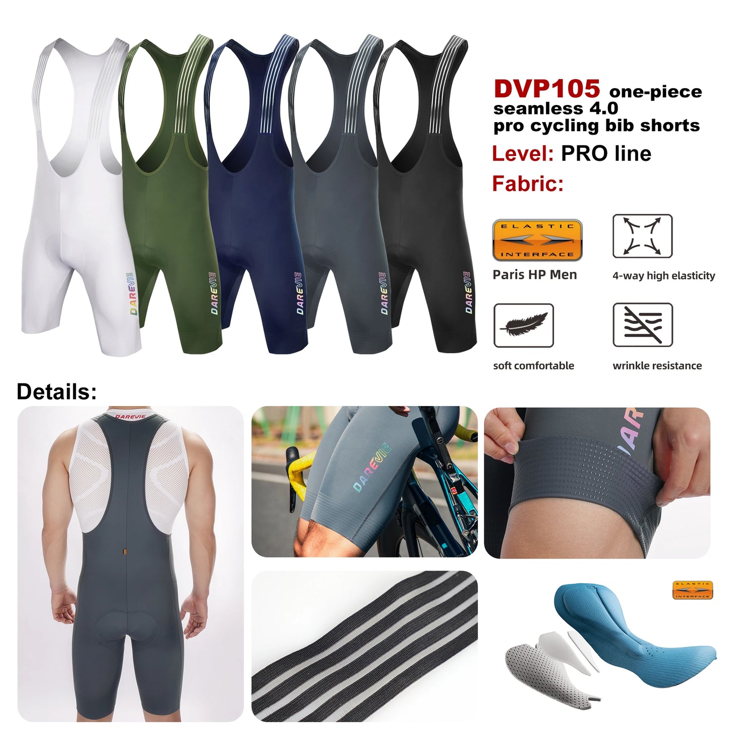 Cycling Bib Shorts Seamless, ELASTIC-INTERFACE Pad Cycling Shorts, Leg Gripper Men's Shorts