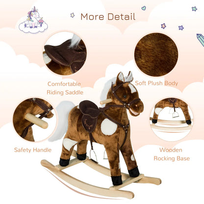 Kids Metal Plush Ride-On Rocking Horse Chair Toy With Nursery Rhyme Music - Dark Brown