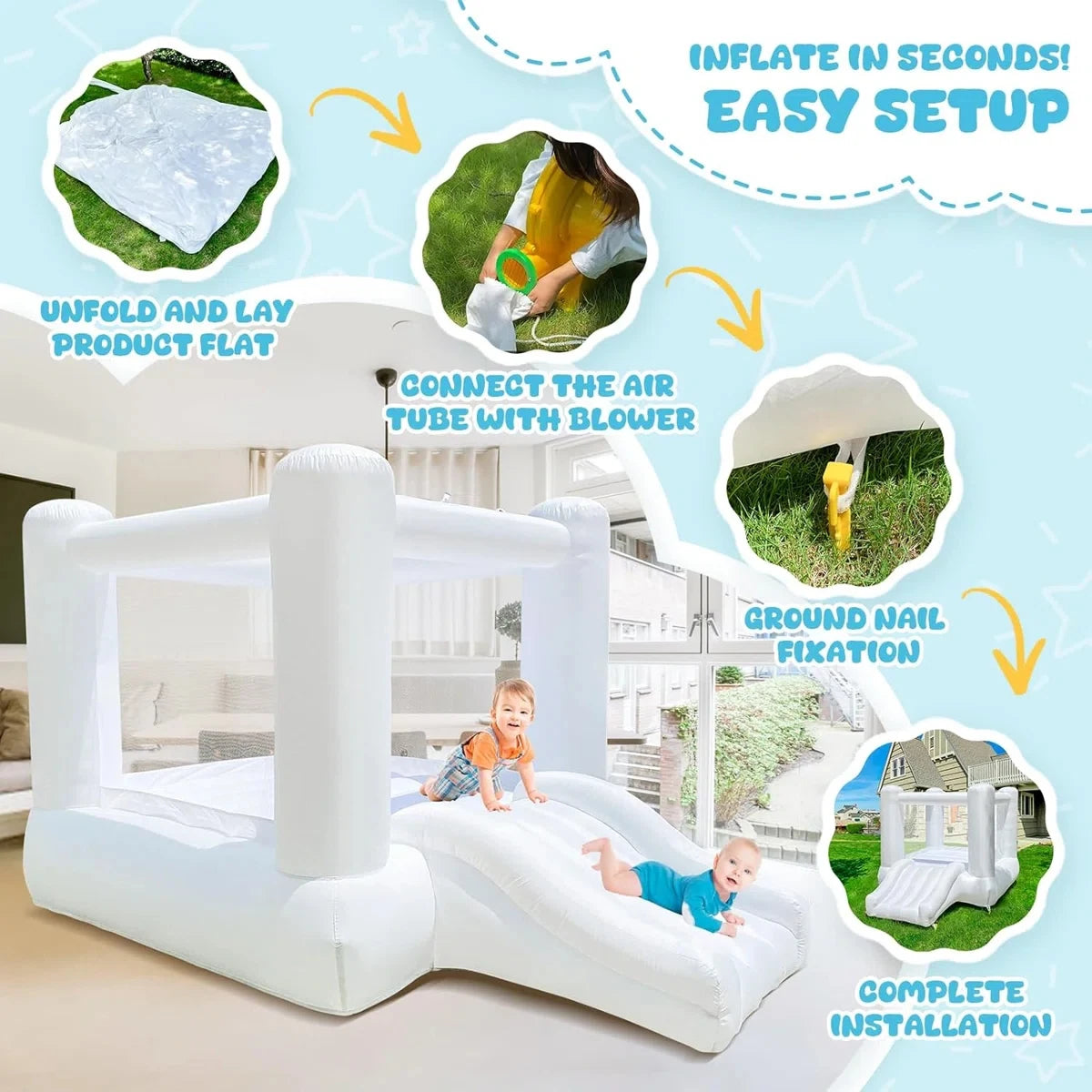 Mini White Jumping Castle For Kids Birthday Party Decoration Inflatable Bouncy Castle Outdoor With Slide Blower