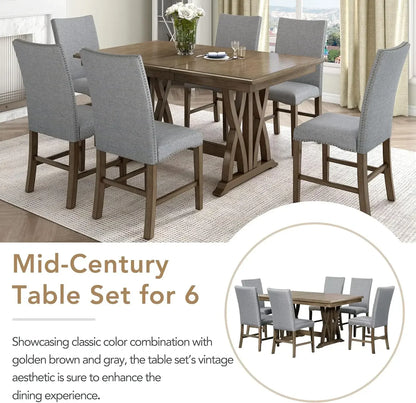 7-Piece Kitchen Dining Table Set for 6, Wood Kitchen Table and 6 Upholstered Chairs with Backrest