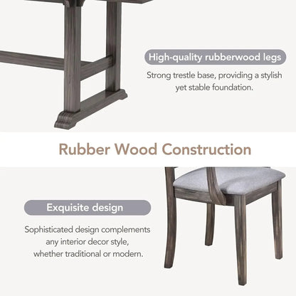 7-Piece Kitchen Dining Table Set for 6, Wood Kitchen Table and 6 Upholstered Chairs with Backrest