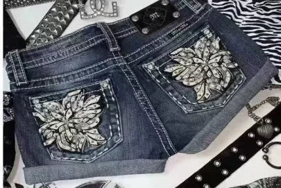 High end pocket embroidered straight leg slim fit denim shorts