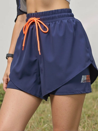 Mermaid Curve Breathable Letter Graphic 2 In 1 Sport Shorts Women Quick Dry Running Shorts Drawstring Waistband Fitness