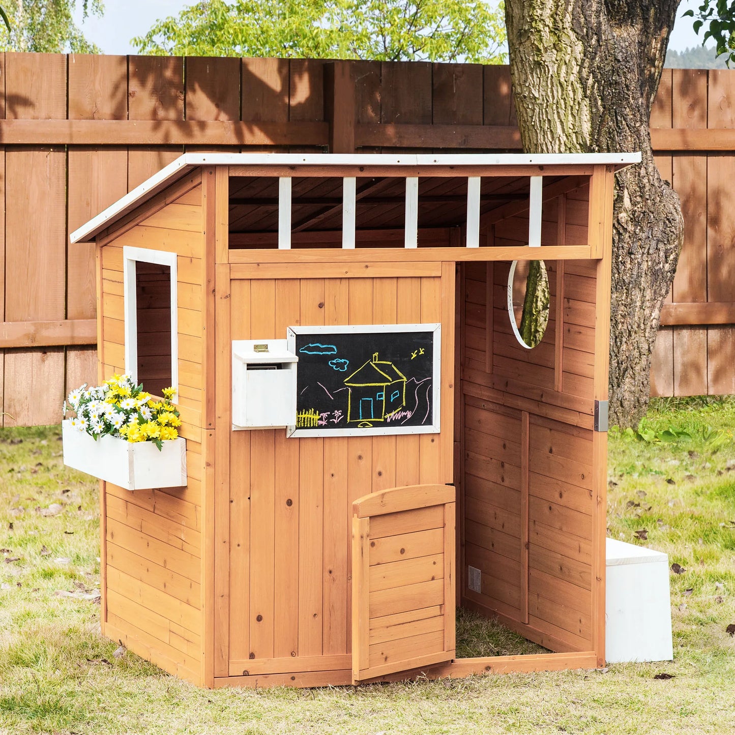 Wooden Playhouse for Kids Outdoor with Working Door, Windows, Mailbox, Bench, Flowers Pot Holder, 48" X 42.5" X 53"