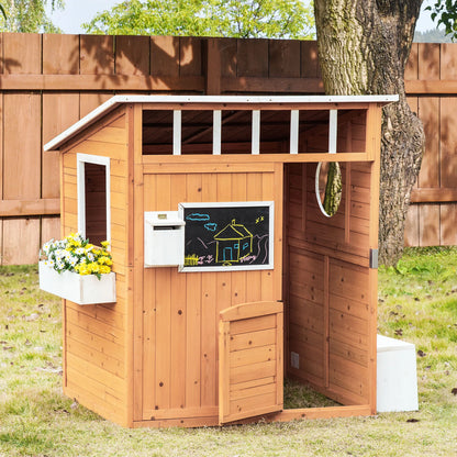 Wooden Playhouse for Kids Outdoor with Working Door, Windows, Mailbox, Bench, Flowers Pot Holder, 48" X 42.5" X 53"