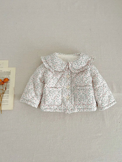 Winter New Baby Girl Warm Coat Cotton Infant Large Lapel Floral Padded Jacket Plus Velvet Thick Kids Cardigan