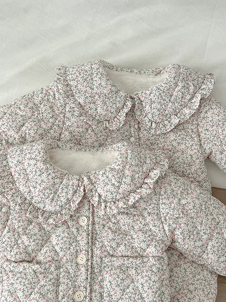 Winter New Baby Girl Warm Coat Cotton Infant Large Lapel Floral Padded Jacket Plus Velvet Thick Kids Cardigan