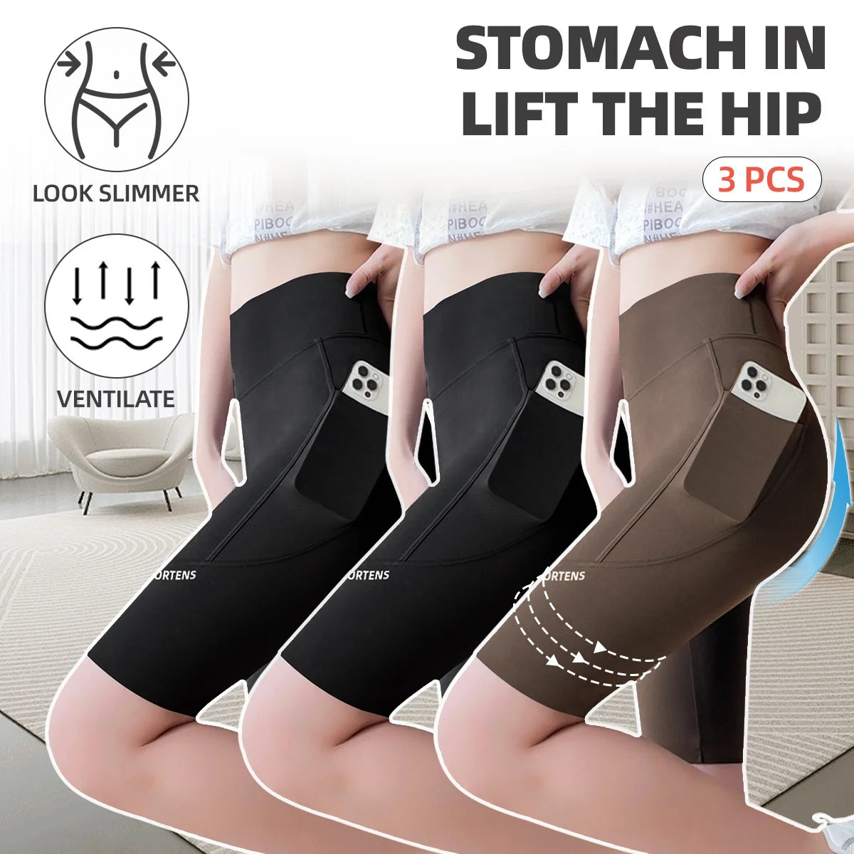 3PC Set Sports Wear Pockets High Waist Lady Yoga Pants Athletic