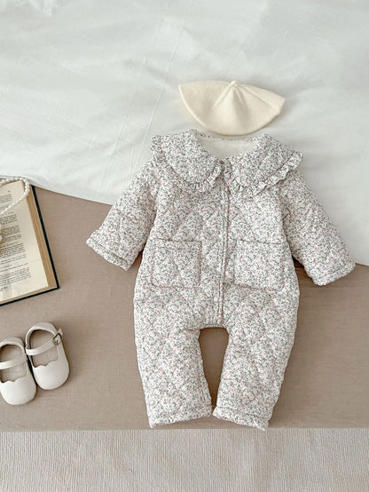 Winter New Baby Girl Warm Coat Cotton Infant Large Lapel Floral Padded Jacket Plus Velvet Thick Kids Cardigan