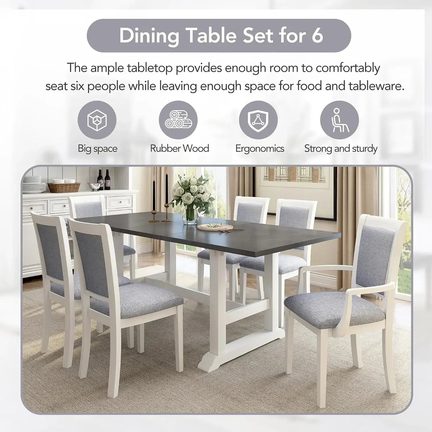7-Piece Kitchen Dining Table Set for 6, Wood Kitchen Table and 6 Upholstered Chairs with Backrest