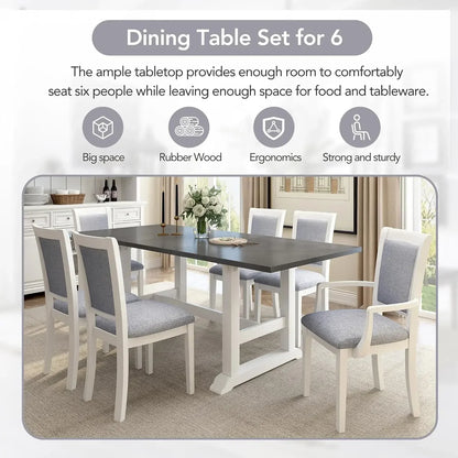 7-Piece Kitchen Dining Table Set for 6, Wood Kitchen Table and 6 Upholstered Chairs with Backrest