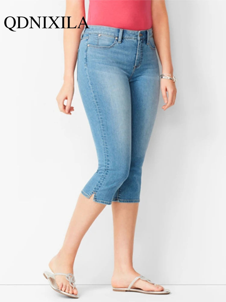 Woman's Jeans Denim Pants Ladies Cropped Trousers Skinny  Knee Length