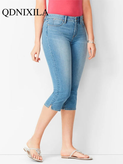 Woman's Jeans Denim Pants Ladies Cropped Trousers Skinny  Knee Length