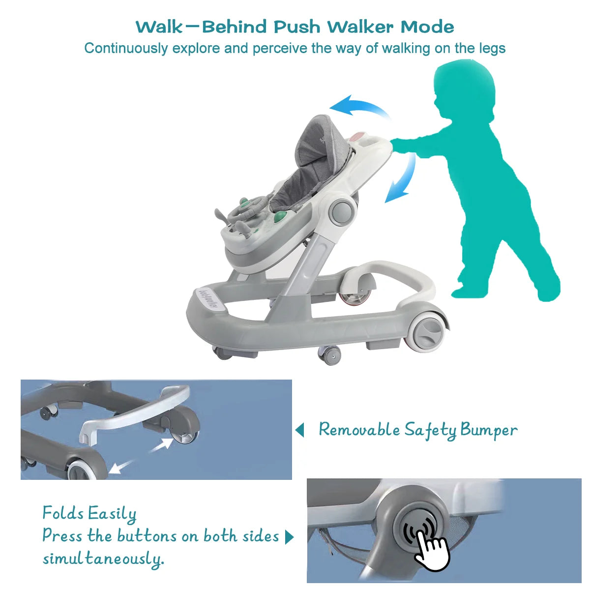 Push Walker with Detachable Feeding and Music Trays, Foldable Learning Toys, 2 In 1 Walker