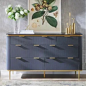 Fluted 7 Drawers Dresser for Bedroom, 54" Wide Modern Dresser TV Stand, Gold Accents, Fluted Fronts, Wood Storage Dressers