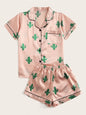 Women's Pajama Two Piece Set Summer Leopard Print Short Sleeve Top Shorts Satin Pajama Set