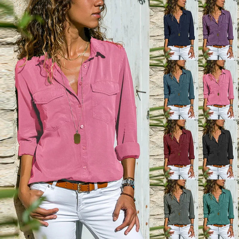 Womens Fashion V Neck Shirts Long Sleeve Tops Pockets Design