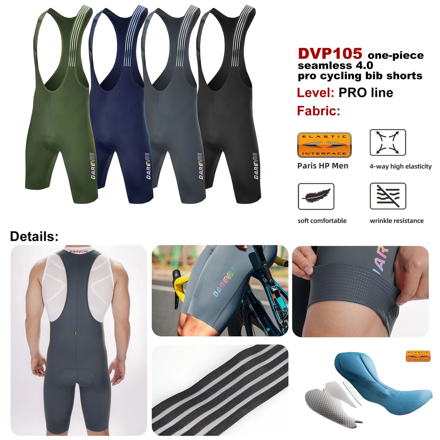 Cycling Bib Shorts Seamless, ELASTIC-INTERFACE Pad Cycling Shorts, Leg Gripper Men's Shorts