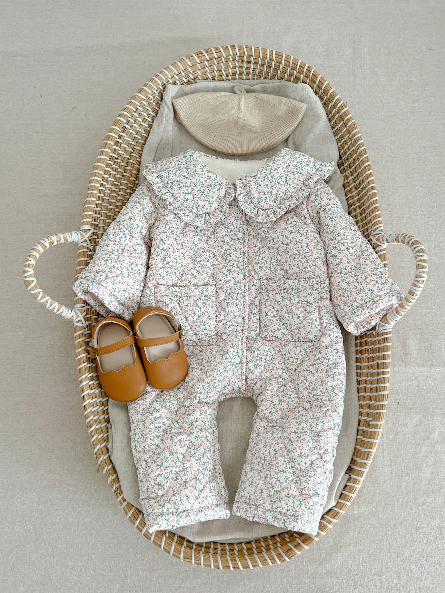 Winter New Baby Girl Warm Coat Cotton Infant Large Lapel Floral Padded Jacket Plus Velvet Thick Kids Cardigan