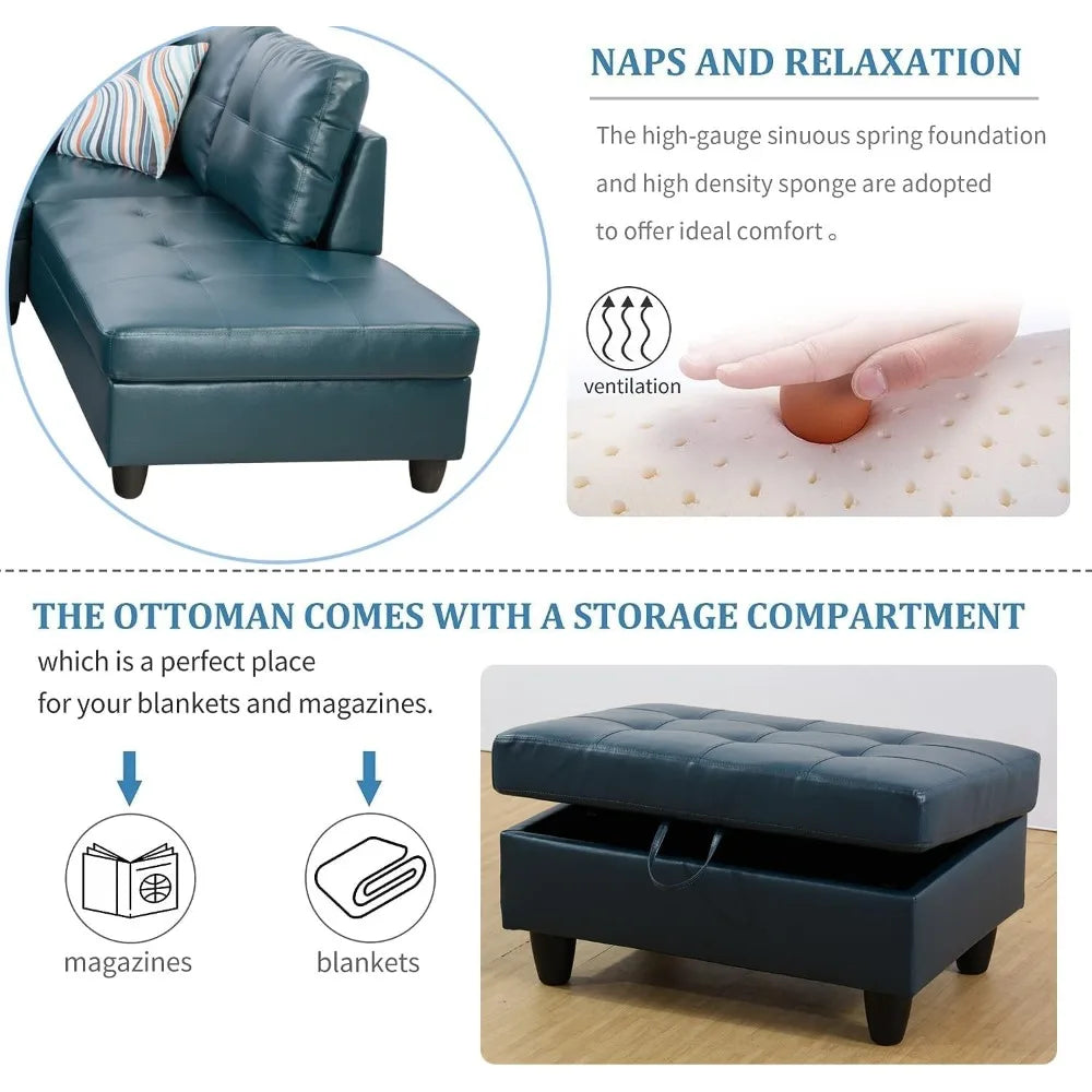 Sectional Couch for Living Room Furniture Set, and Chaise with Storage Ottoman and 3 Pillows