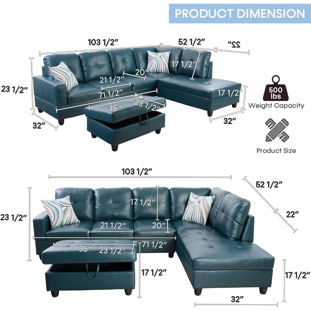 Sectional Couch for Living Room Furniture Set, and Chaise with Storage Ottoman and 3 Pillows