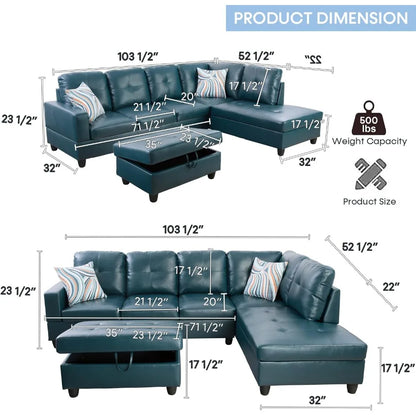 Sectional Couch for Living Room Furniture Set, and Chaise with Storage Ottoman and 3 Pillows