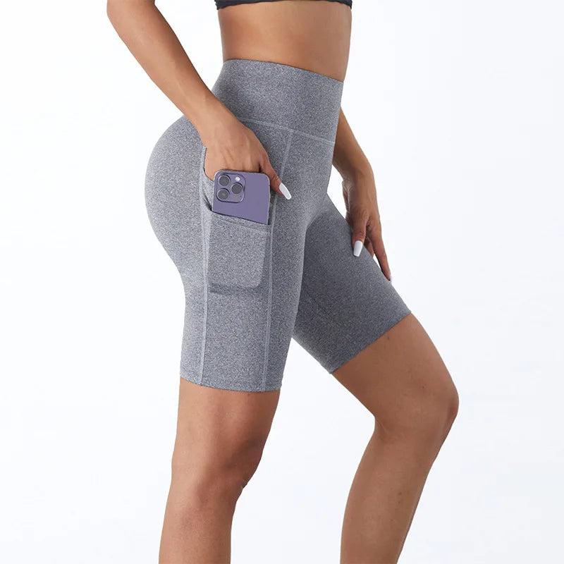 Side Pockets Solid Color Women Yoga Shorts Jogging, Running, Fitness Sportswear High-waist Shorts