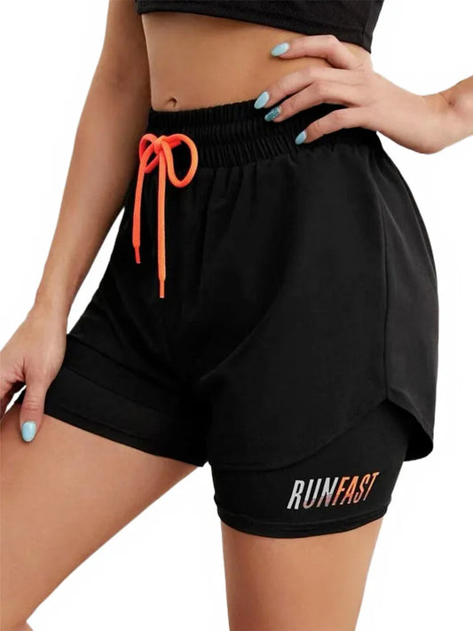 Mermaid Curve Breathable Letter Graphic 2 In 1 Sport Shorts Women Quick Dry Running Shorts Drawstring Waistband Fitness