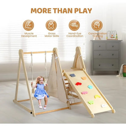 7-in-1 Indoor Jungle Gym, Climbing Set with Adjustable Swing & Secret Base Playground, for Toddlers with Net, Ladder