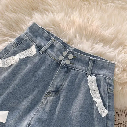 Blue High Waist Denim Shorts with lace for Women