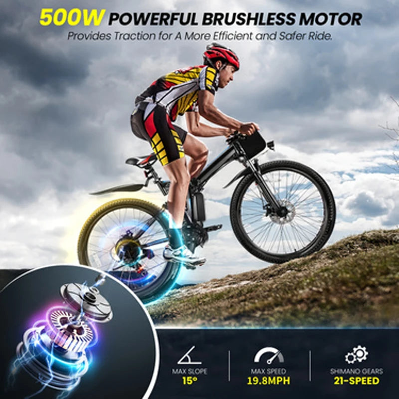26" Folding Electric Bike for Adults, with 500W Motor,48V 20MPH Removable Battery