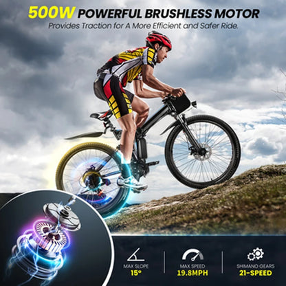 26" Folding Electric Bike for Adults, with 500W Motor,48V 20MPH Removable Battery