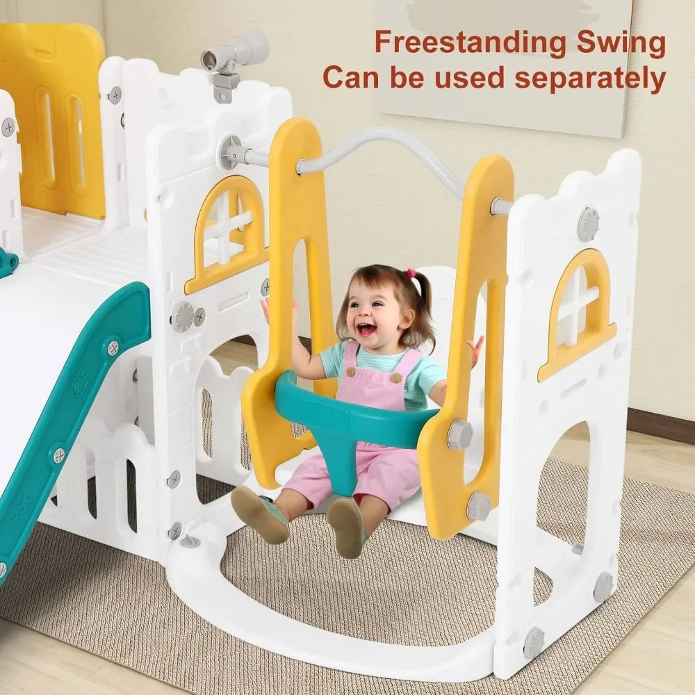 10 in 1 Toddler Slide, Double Climber Slide Playset w/Swing, Basketball Hoop, Indoor Outdoor Backyard Playground for Toddlers