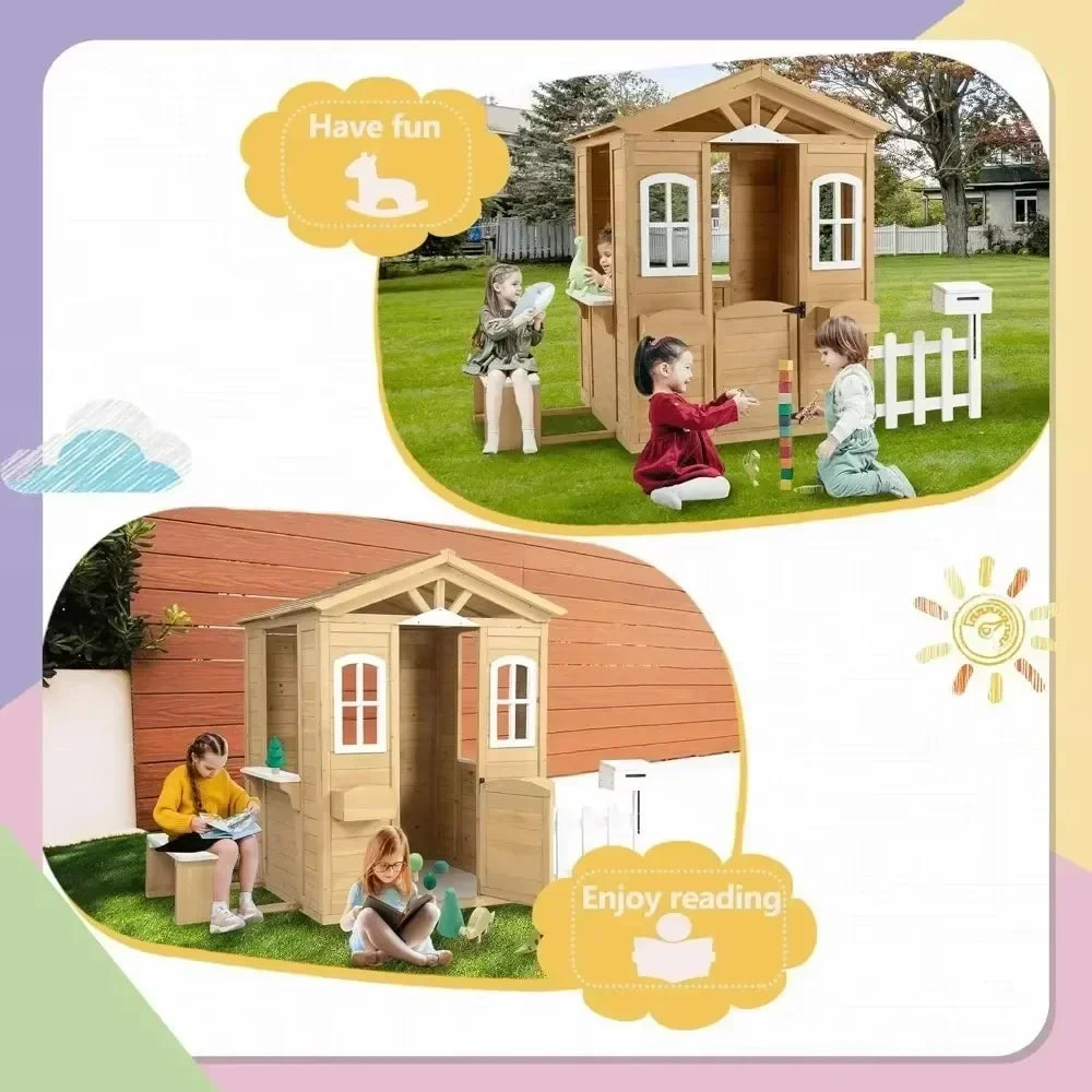 Playhouse for Age 3-6 Years Wood Cottage w/Mailbox Bench Door Windows Flowerpot Holders